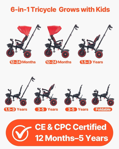 Toddler Tricycle & Stroller for 1-5 Year Old, 6-in-1 Kids Trike with